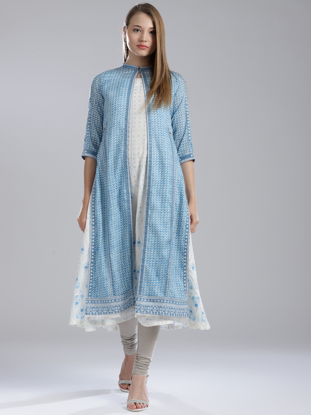 Buy W Women White & Blue Printed A Line Kurta With Ethnic Jacket