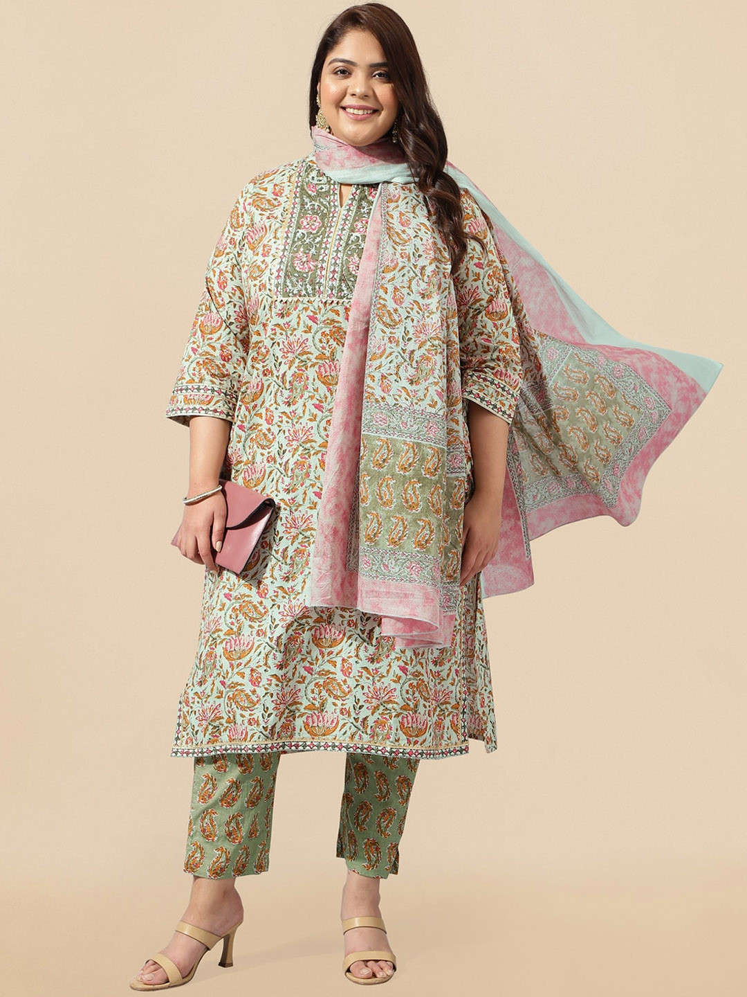 Plus Size Green Embroidered Straight Kurta Trousers With Dupatta Set