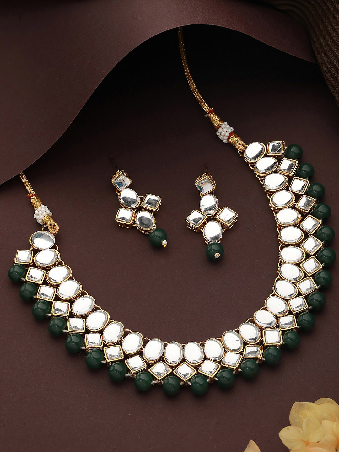 Gold-Plated Kundan-Studded & Multistrand Beaded Jewelry Set