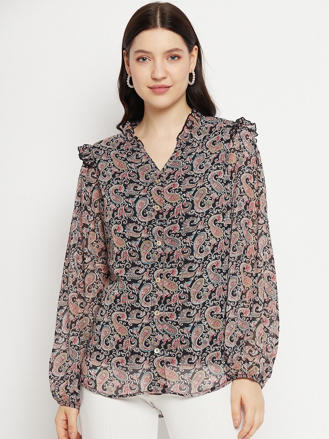 Buy Bitterlime Paisley Printed Smart Opaque Georgette Casual Shirt ...