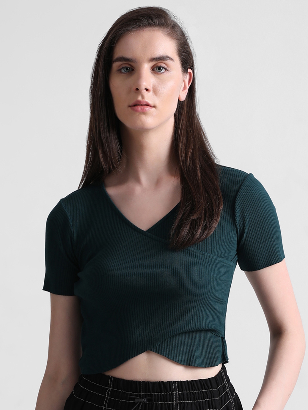 Buy ONLY V Neck Ribbed Crop Top - Tops for Women 24052312 | Myntra
