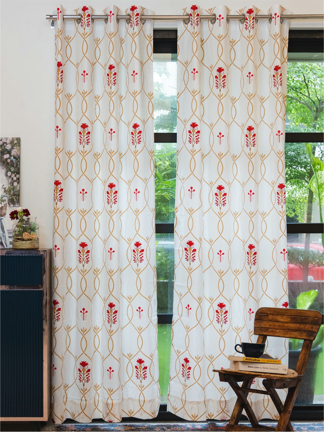 Buy URBAN SPACE White & Red 2 Pieces Floral Cotton Window Curtains