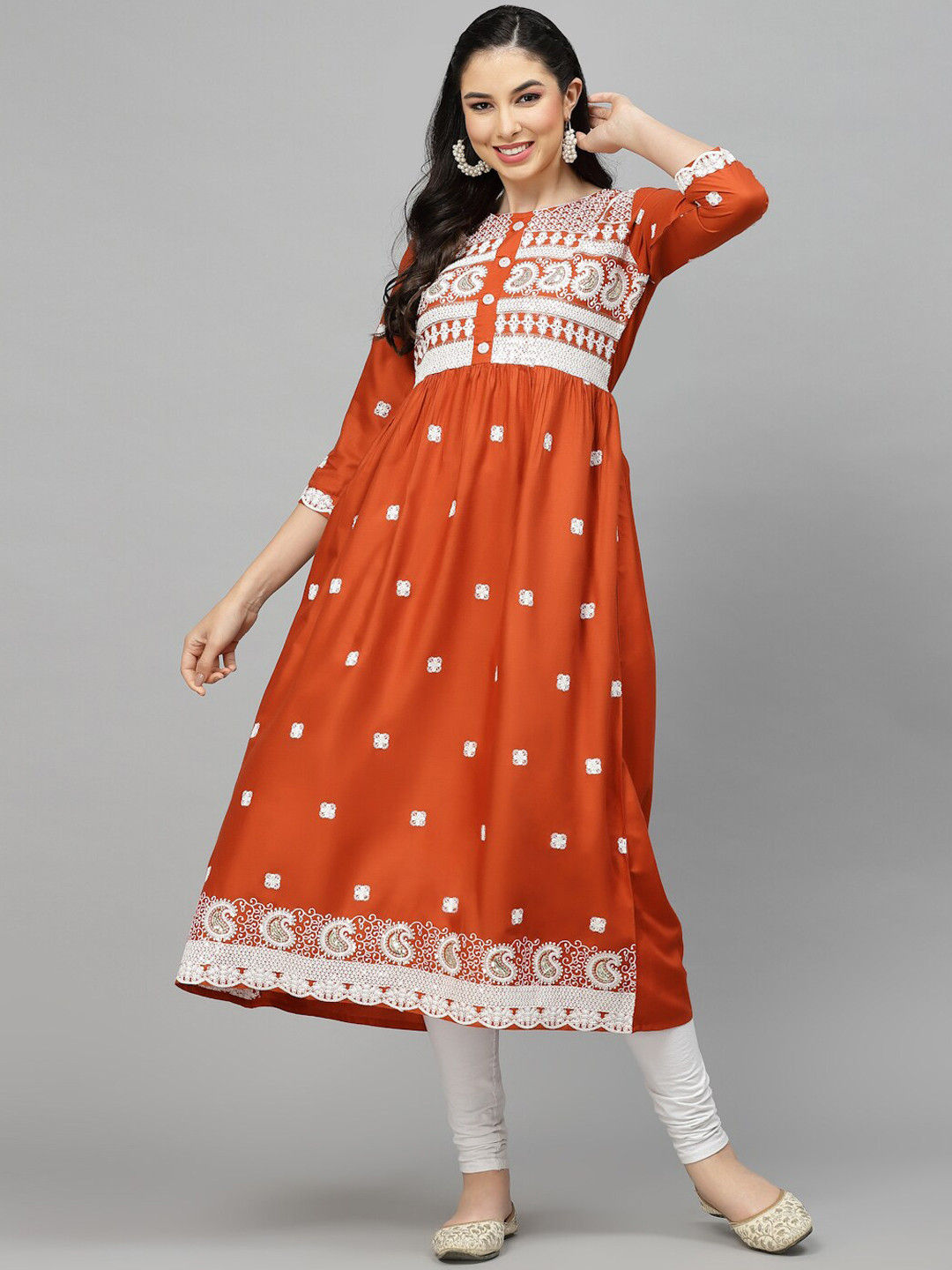 Women  Plus Size Rust Shirt Collar Neck A-Line Kurta Paired With Tonal Bottom