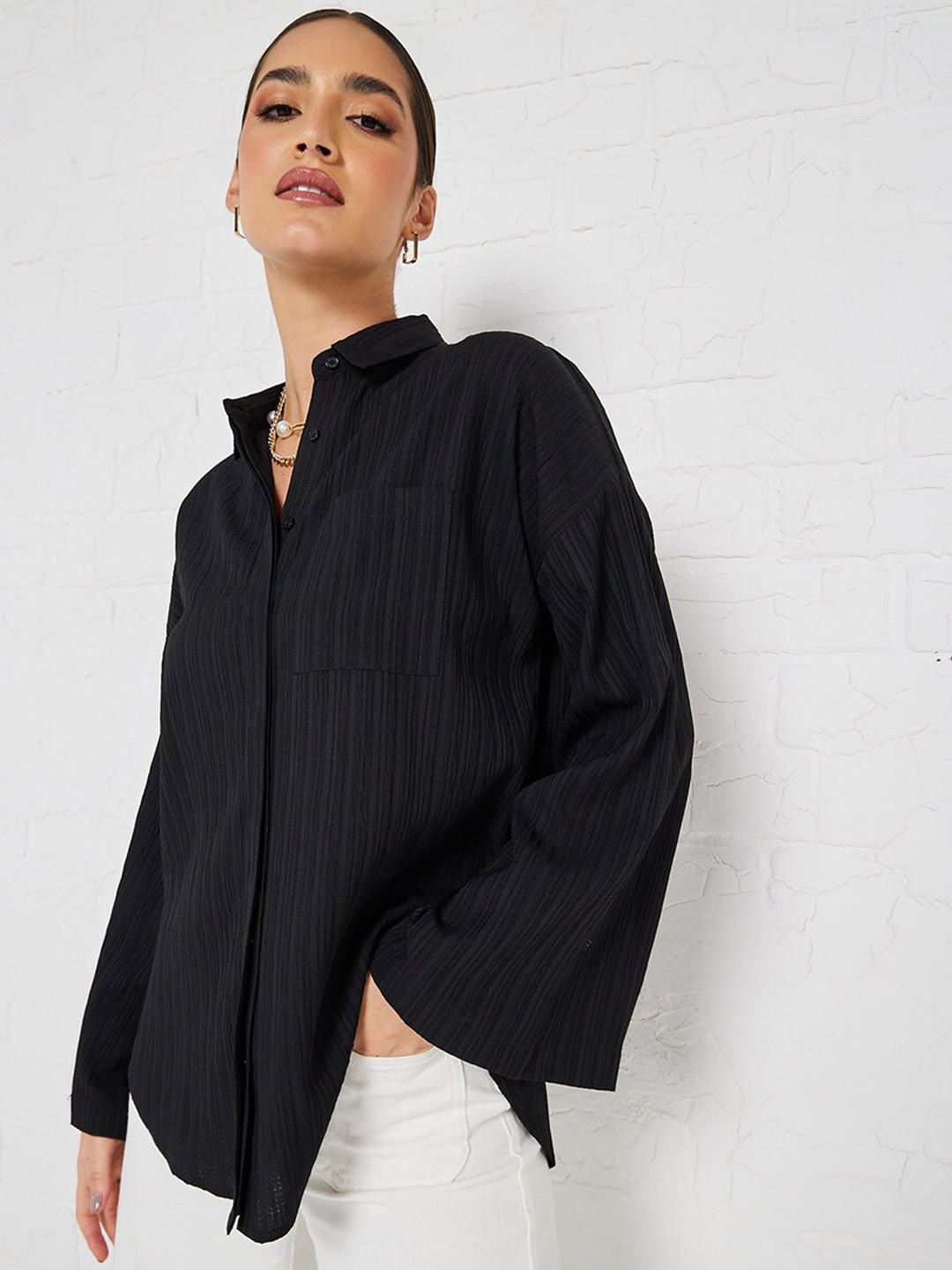Women's Tartan Checks Black Oversized Shirt with Flap Pocket