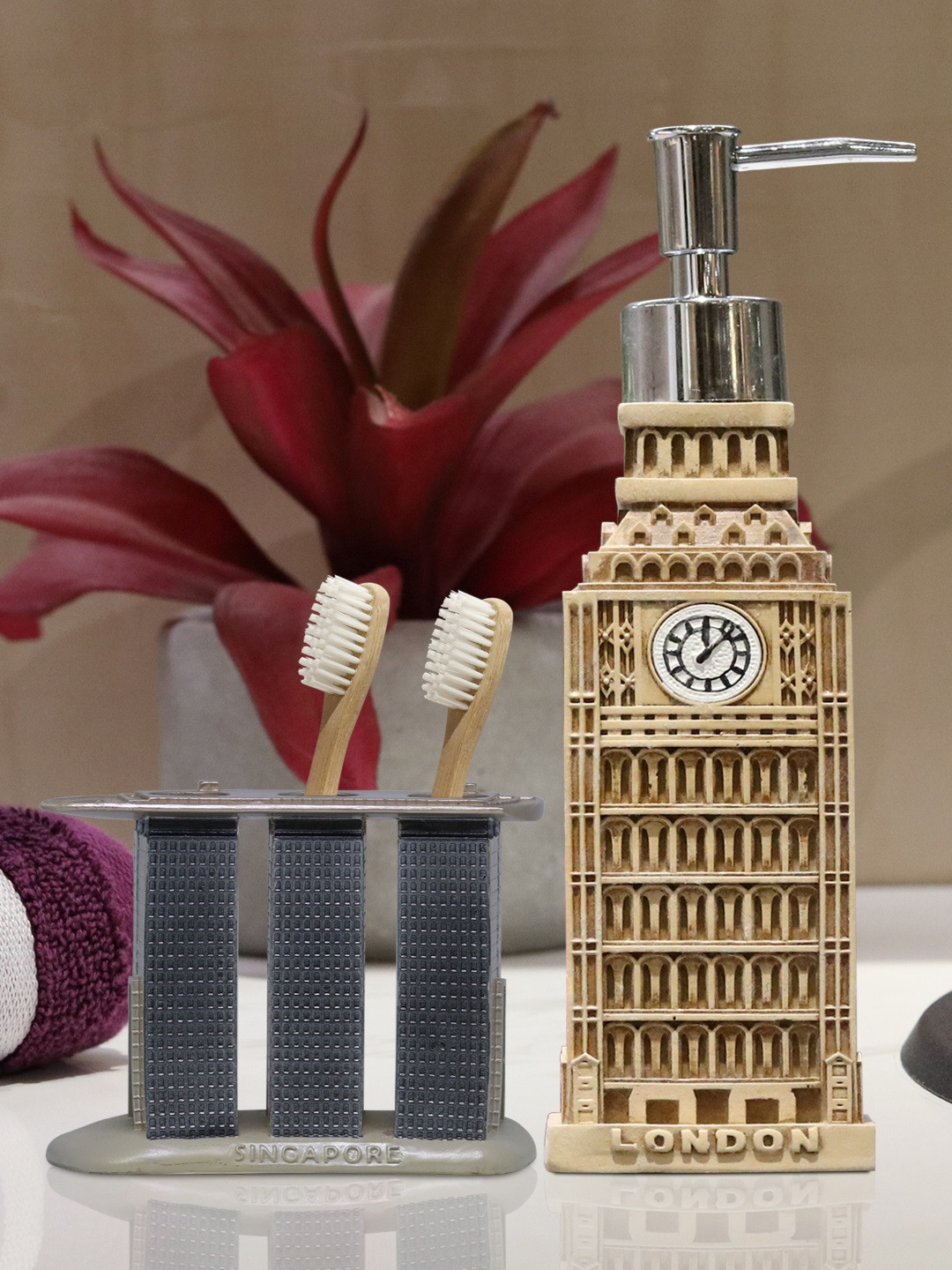 Buy Shresmo Set Of 2 Beige & Grey Textured Bathroom Accessories