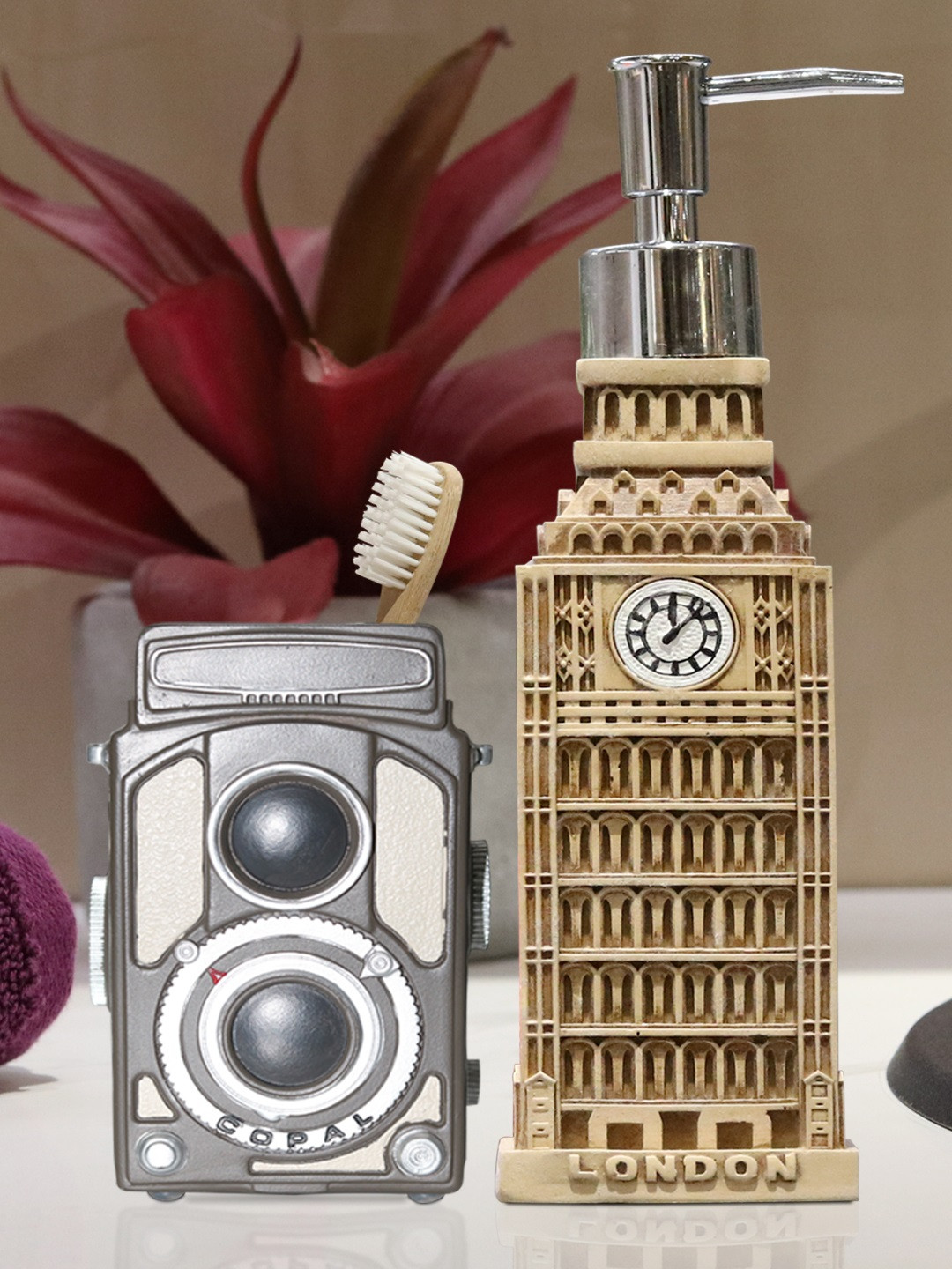 Buy Shresmo Set Of 2 Beige & Grey Textured Bathroom Accessories