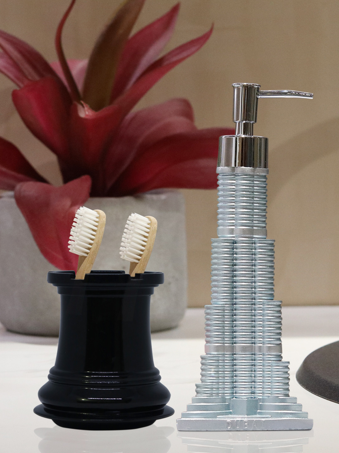 Buy Shresmo Set Of 2 Black & Silver Toned Textured Bathroom Accessories