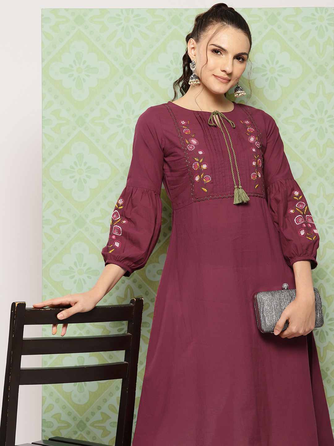 Buy Yufta Floral Embroidered Chikankari Puff Sleeves Kurta Kurtas for Women 24066744 Myntra