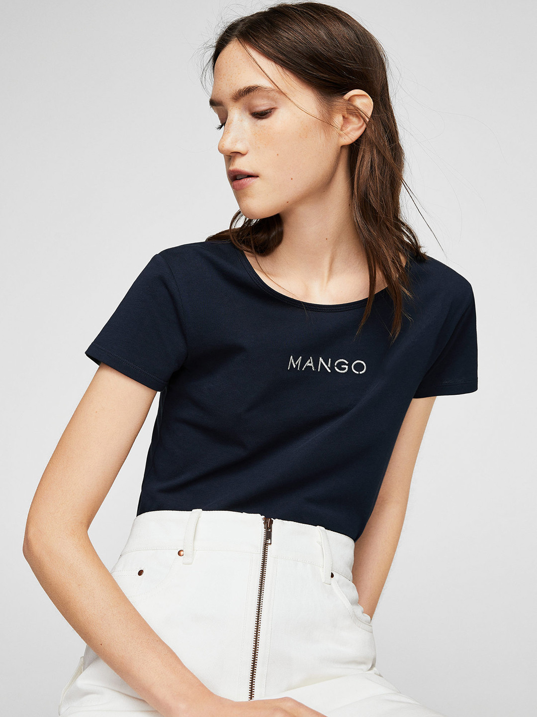 Buy MANGO Women Navy Blue Solid Round Neck T Shirt Tshirts for Women