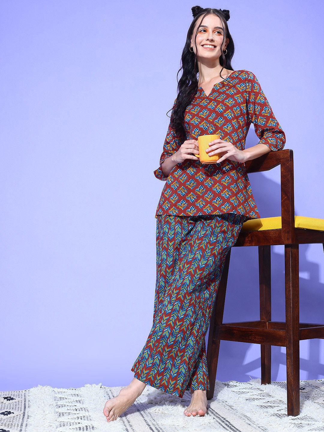 Teal Green Round Neck Cotton Night Suit