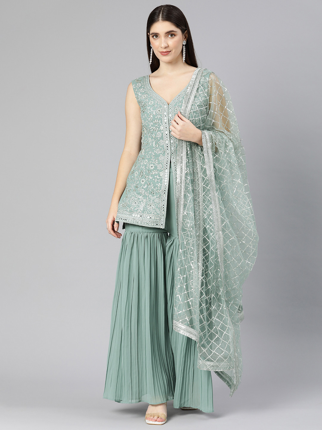 Black Sheer Embroidered High Slit Kurta, Skirt and Choker Dupatta Set main image 0