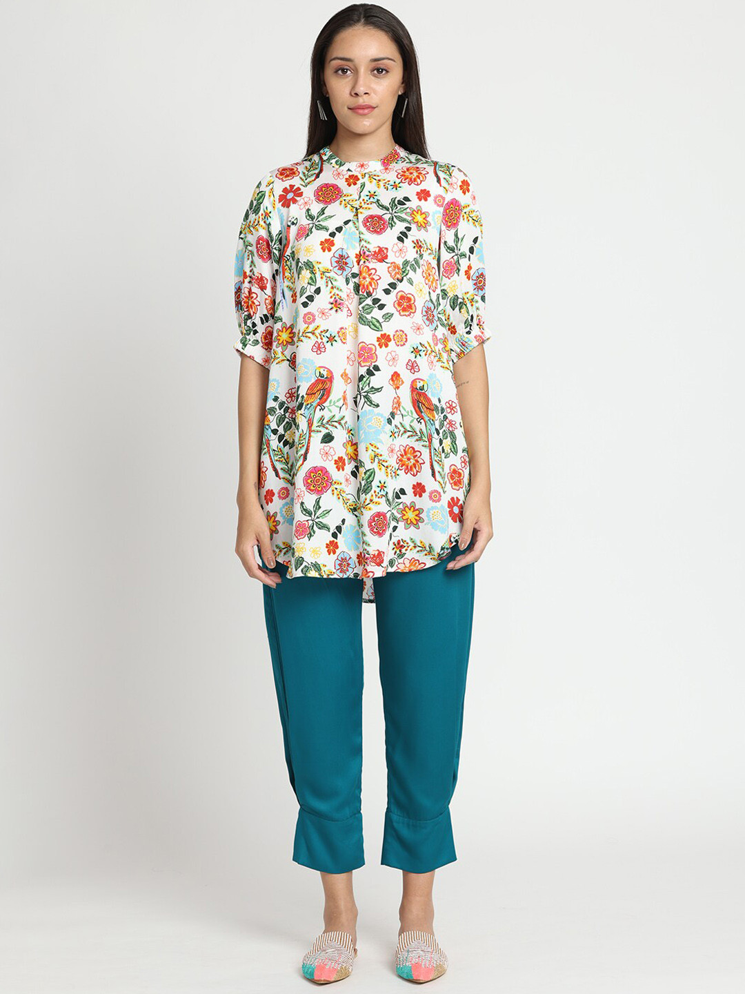 Buy SHAYE Floral Printed Band Collar Satin Kurti With Trousers Kurta Sets for Women 24078360