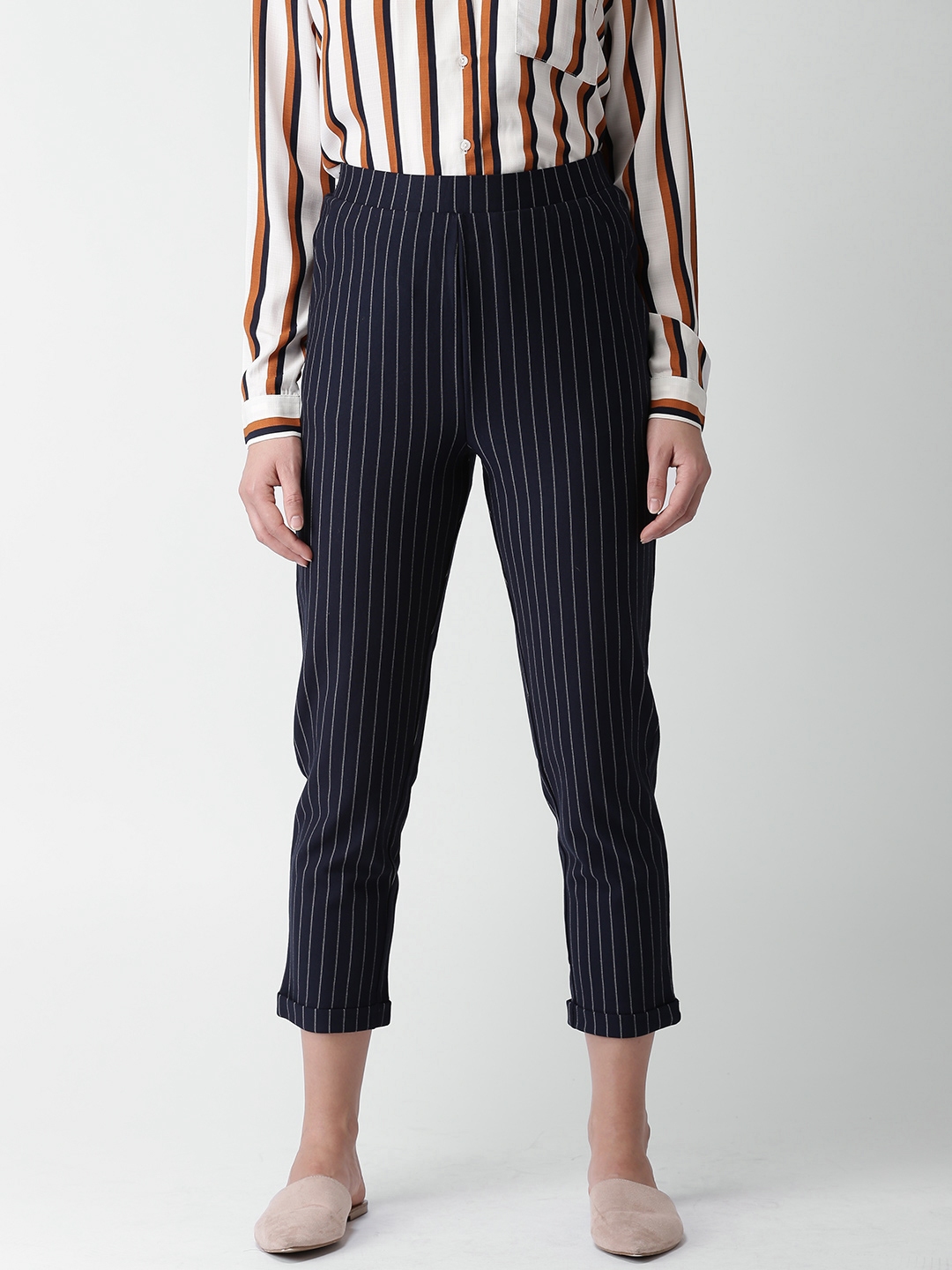 navy blue white striped pants