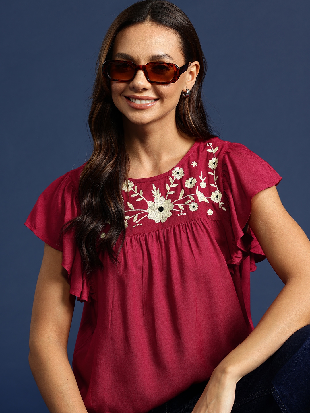 Buy Mast & Harbour Floral Embroidered Flutter Sleeves Top - Tops for ...