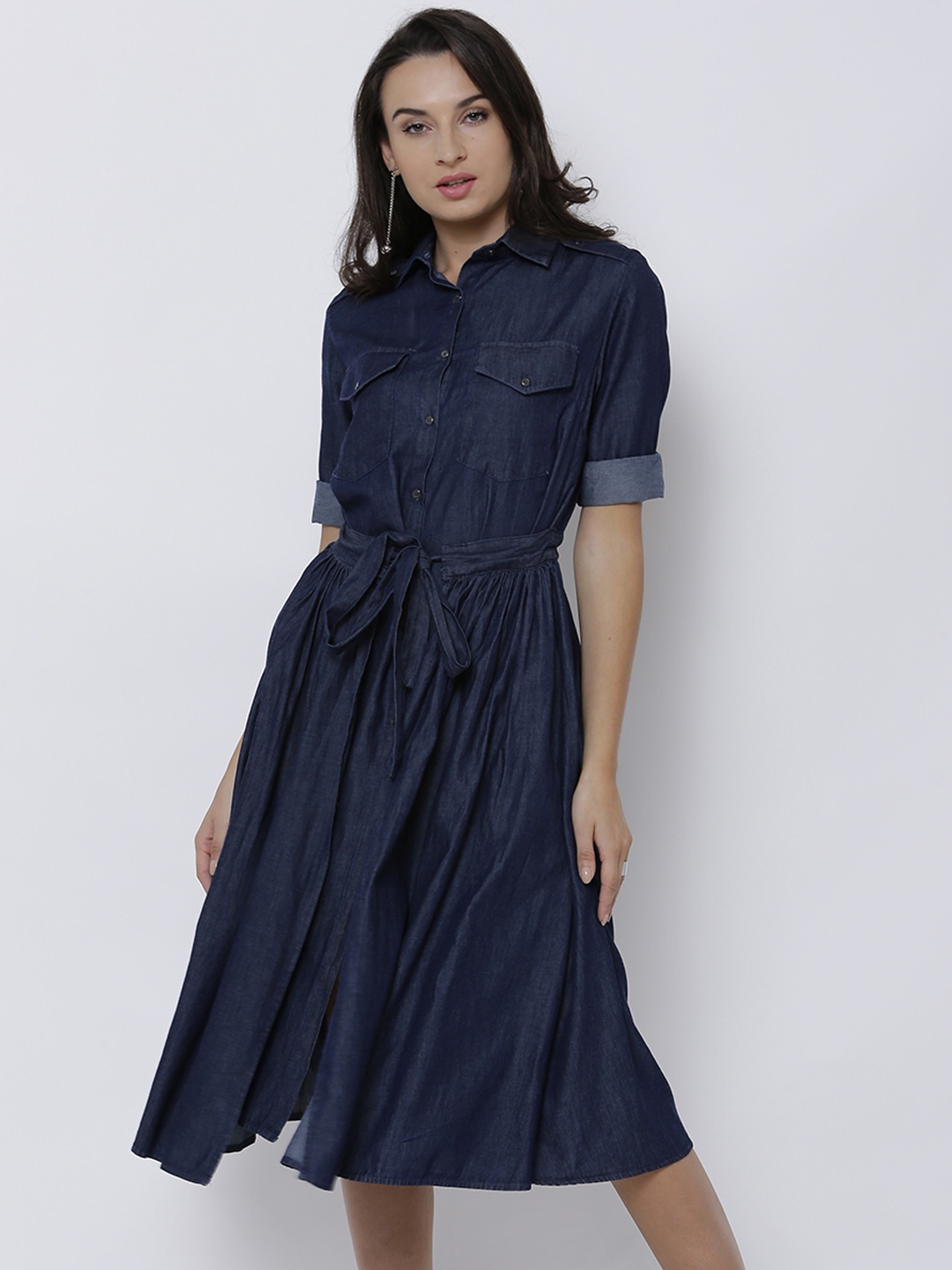 Buy Tokyo Talkies Women Blue Solid Shirt Dress - Dresses for Women ...