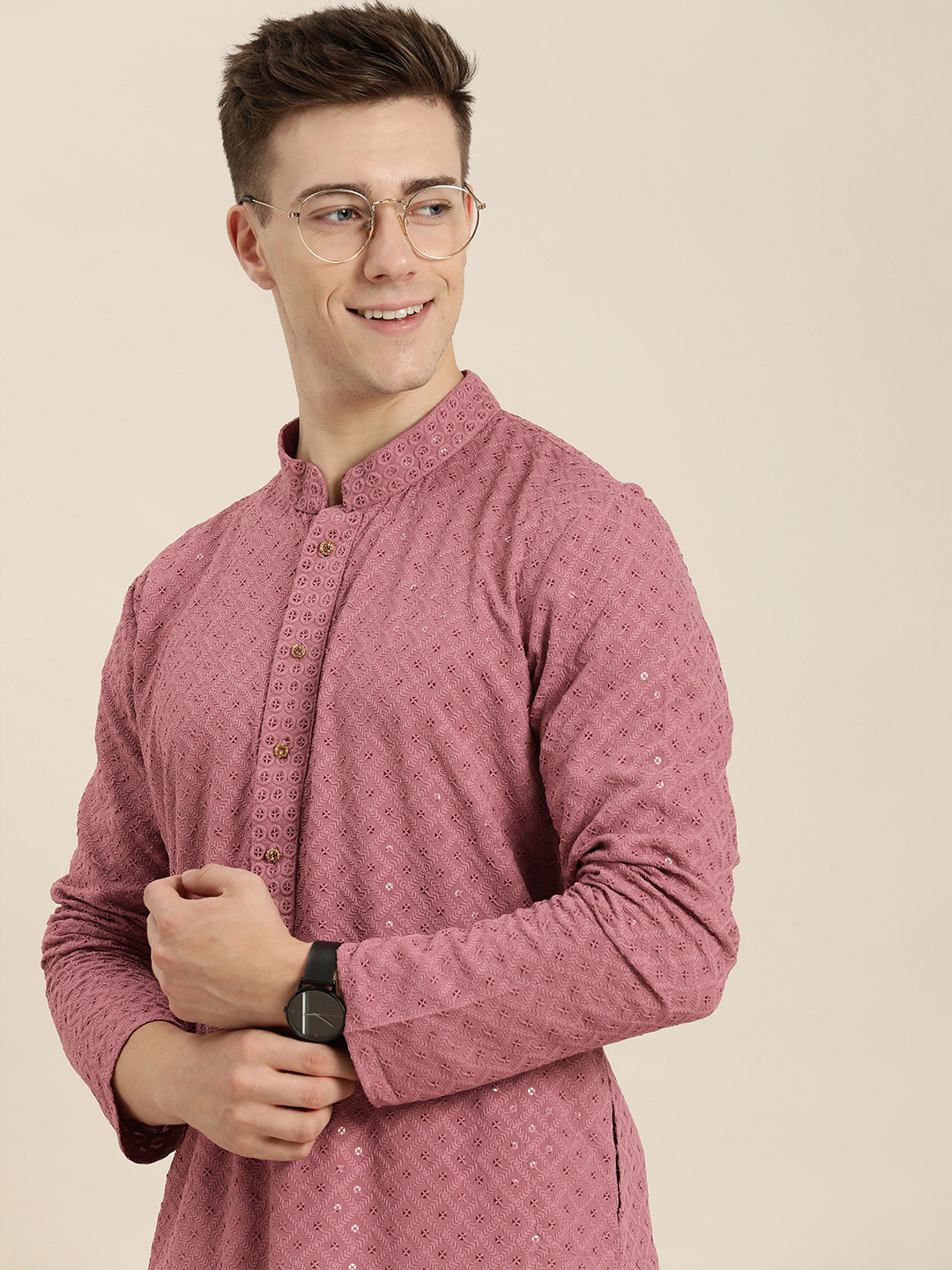 Men Blue Chikankari Embroidered And Sequence Kurta With Churidar
