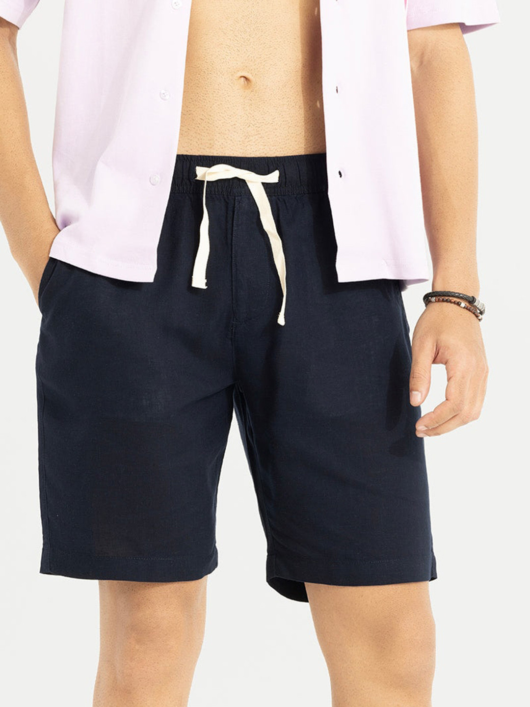 Buy Snitch Men Navy Blue Mid Rise Linen Shorts Shorts for Men