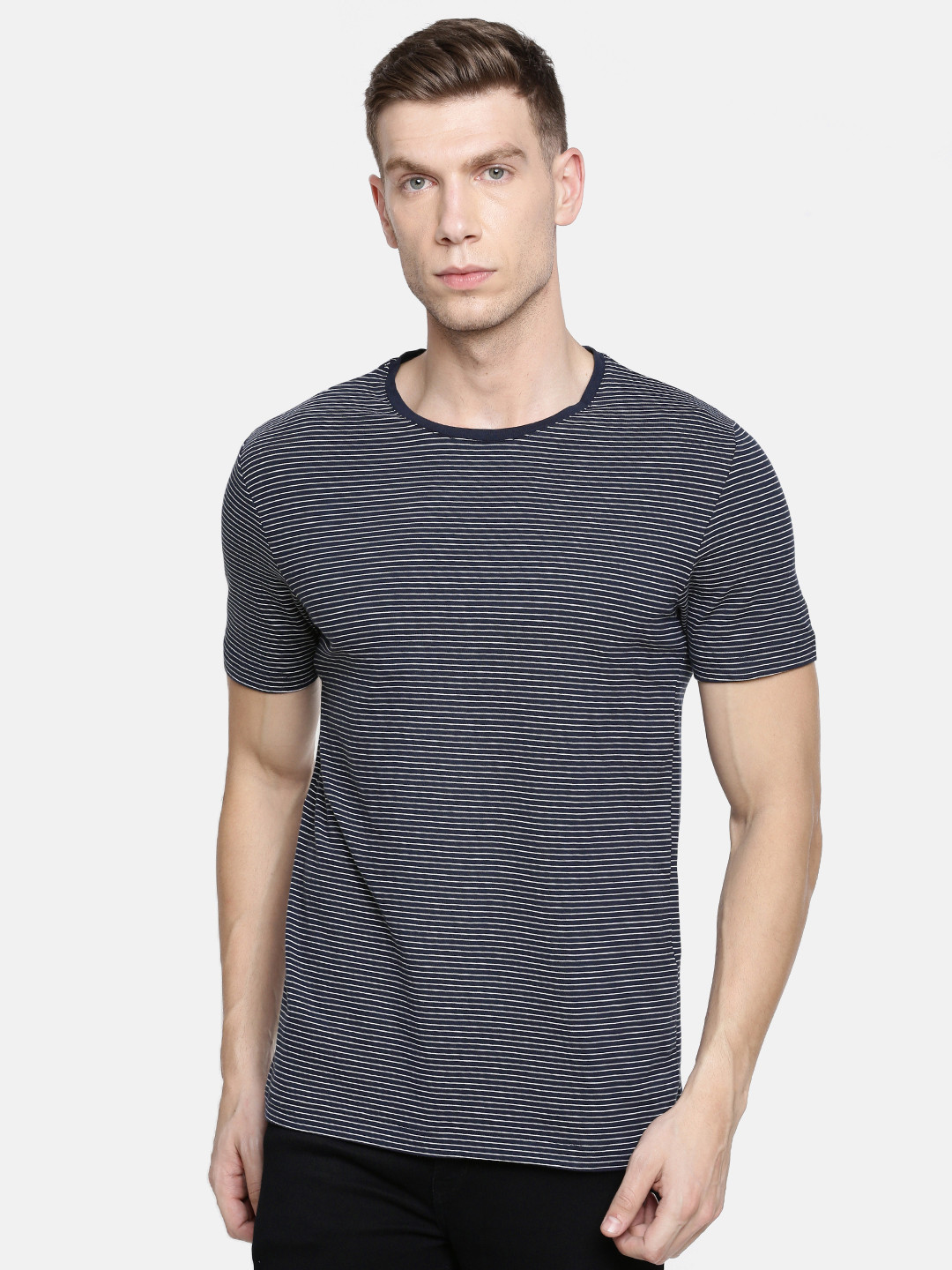 Buy Jack & Jones Men Navy Blue & White Striped Round Neck T Shirt ...