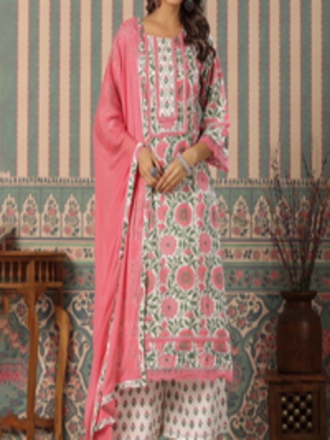 Buy INDYES Floral Printed Pure Cotton Kurta With Palazzos & Dupatta ...