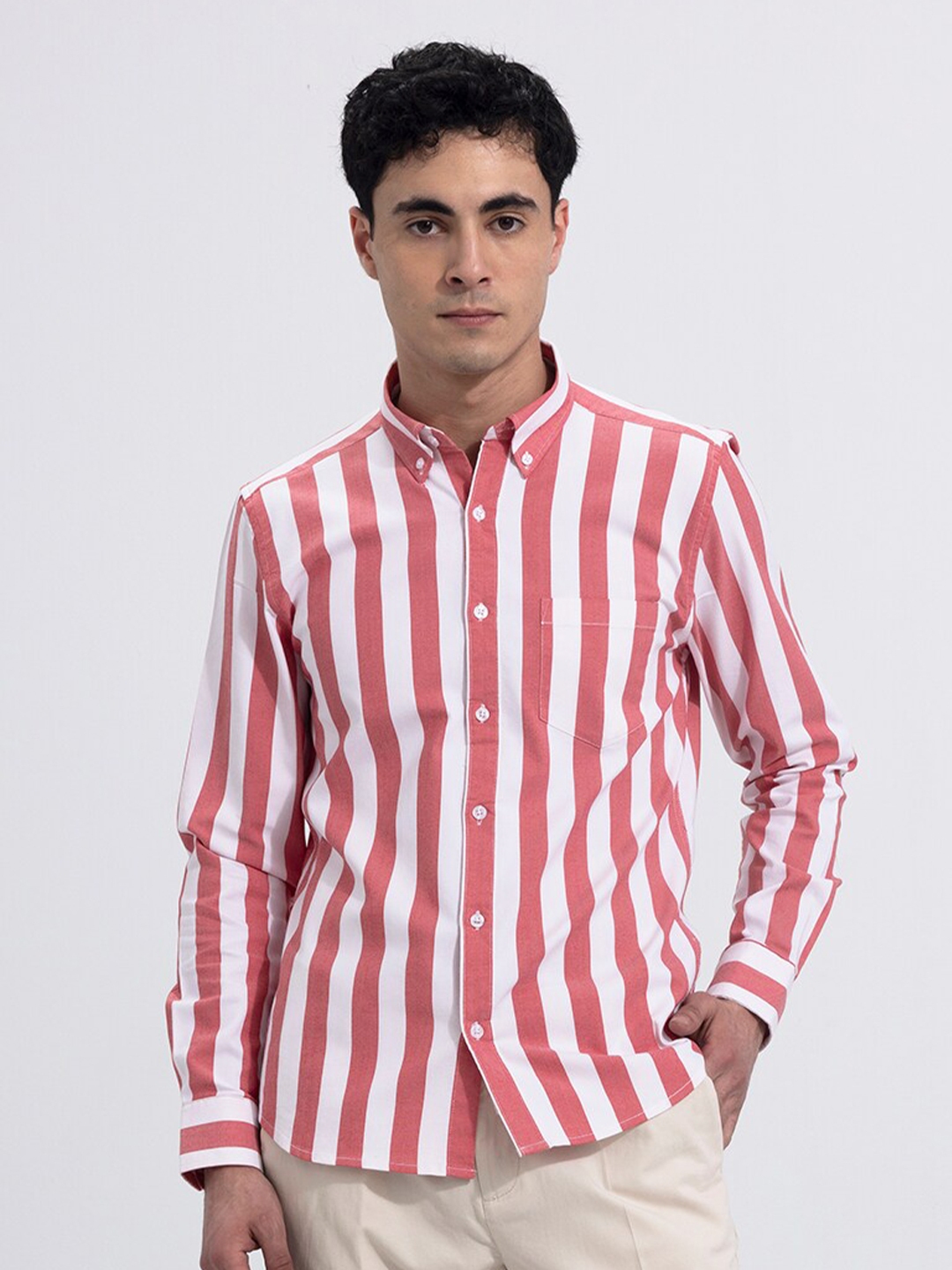 Buy Snitch Red Classic Vertical Stripes Button Down Collar Pure Cotton ...