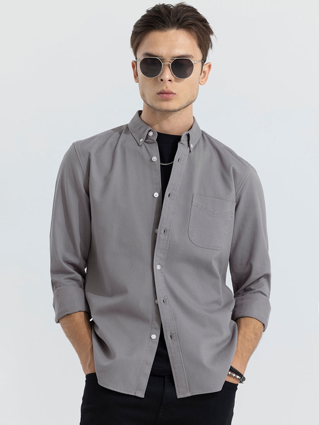 Buy Snitch Grey Classic Slim Fit Button Down Collar Cotton Casual Shirt ...