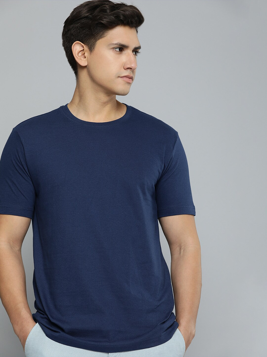 Buy Mast & Harbour Navy Blue Round Neck Cotton T Shirt - Tshirts for ...