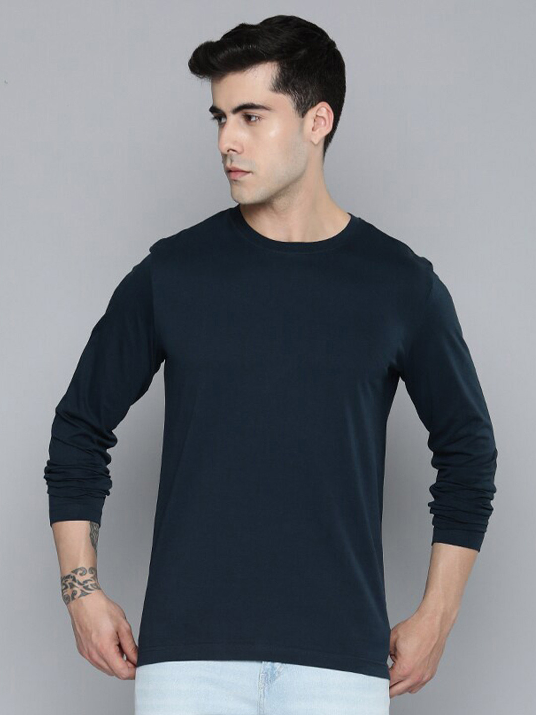 Buy Mast & Harbour Navy Blue Round Neck Regular Fit Cotton T Shirt ...