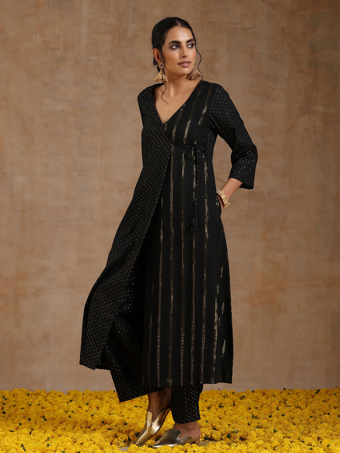 Girls Bandhani Printed Angrakha Pure Cotton Kurta With Trousers Dupatta