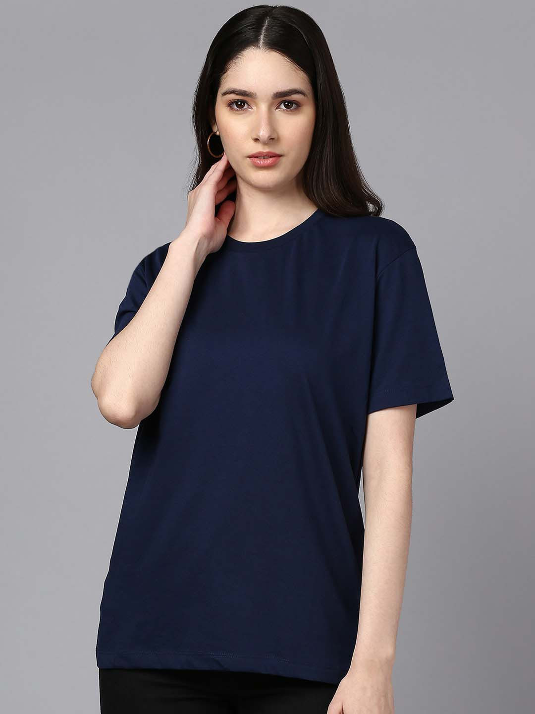 Buy Roadster Navy Blue Round Neck Drop Shoulder Cotton Relaxed T Shirt ...