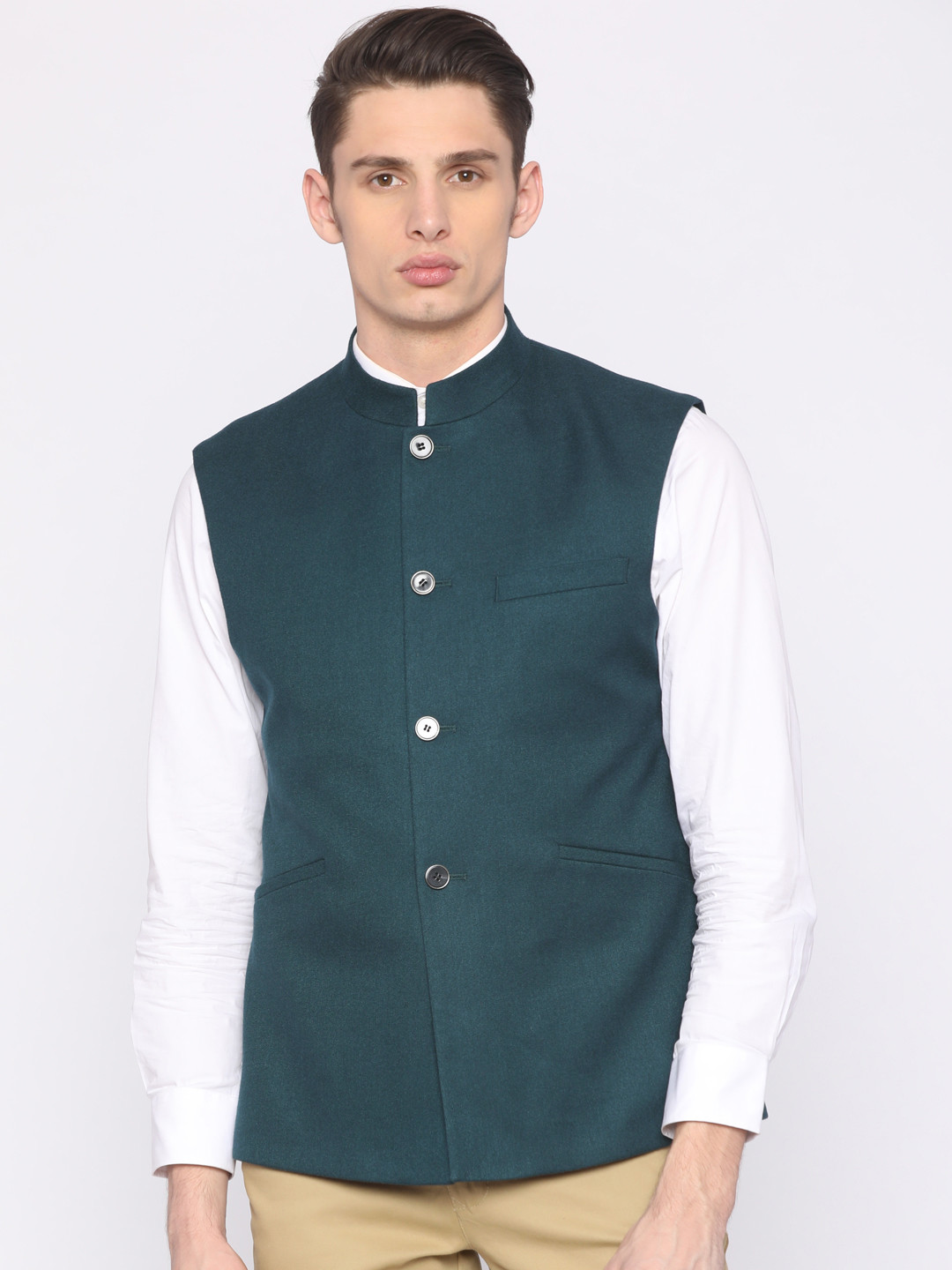 Men'S Green Solid Nehru Jacket With Square Pocket