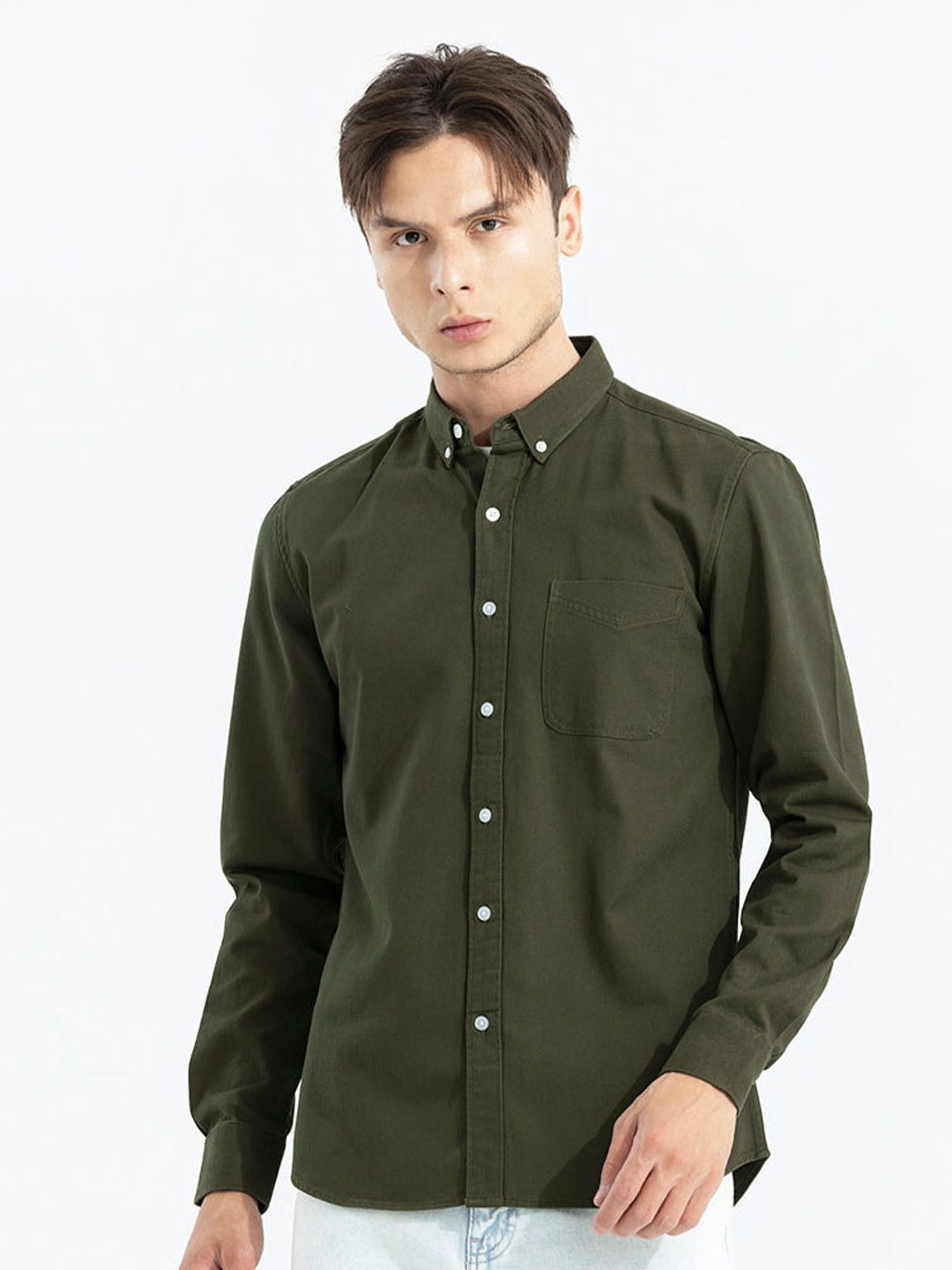 Buy Snitch Olive Green Button Down Collar Classic Slim Fit Cotton