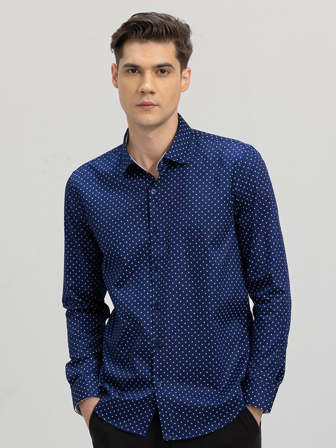 Men's Navy Blue Classic Spread Collar Abstract Printed Cotton Casual Shirt