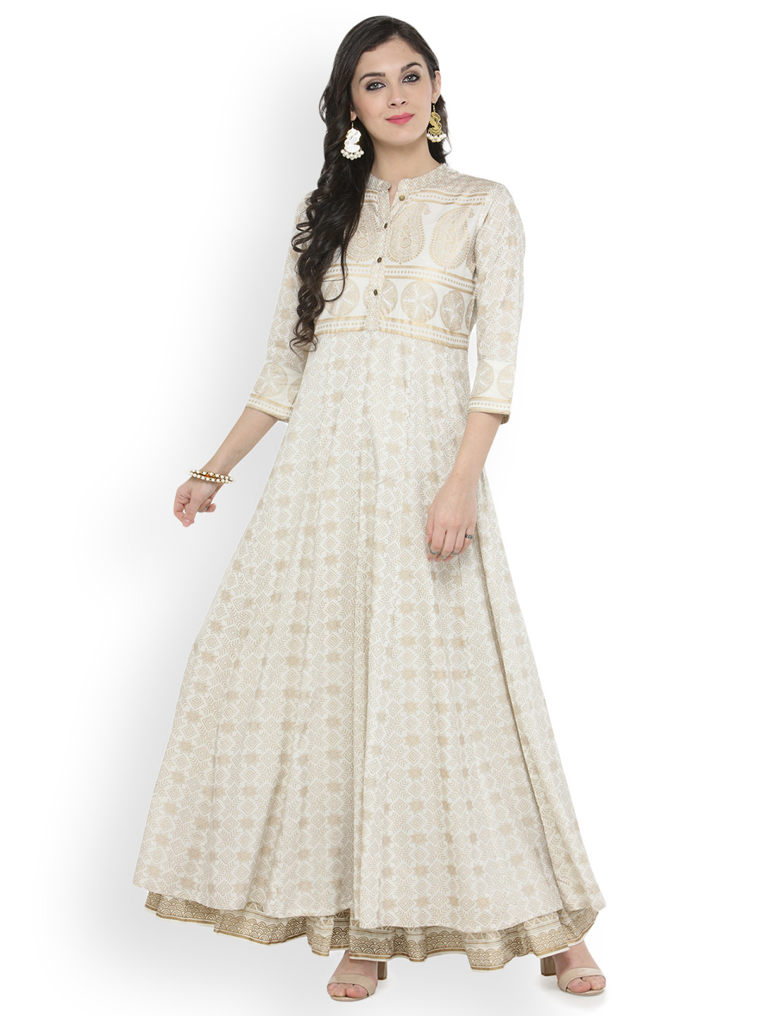 Women White Gold Printed Straight Sleeveless Kurta