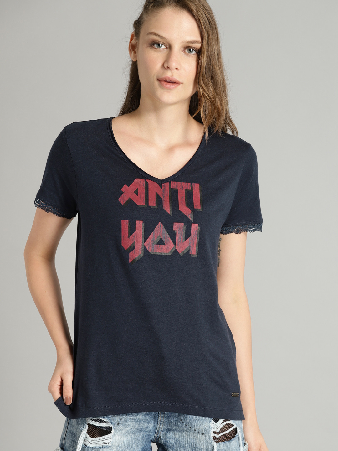 Buy Roadster Women Navy Blue Printed V Neck T Shirt Tshirts for Women