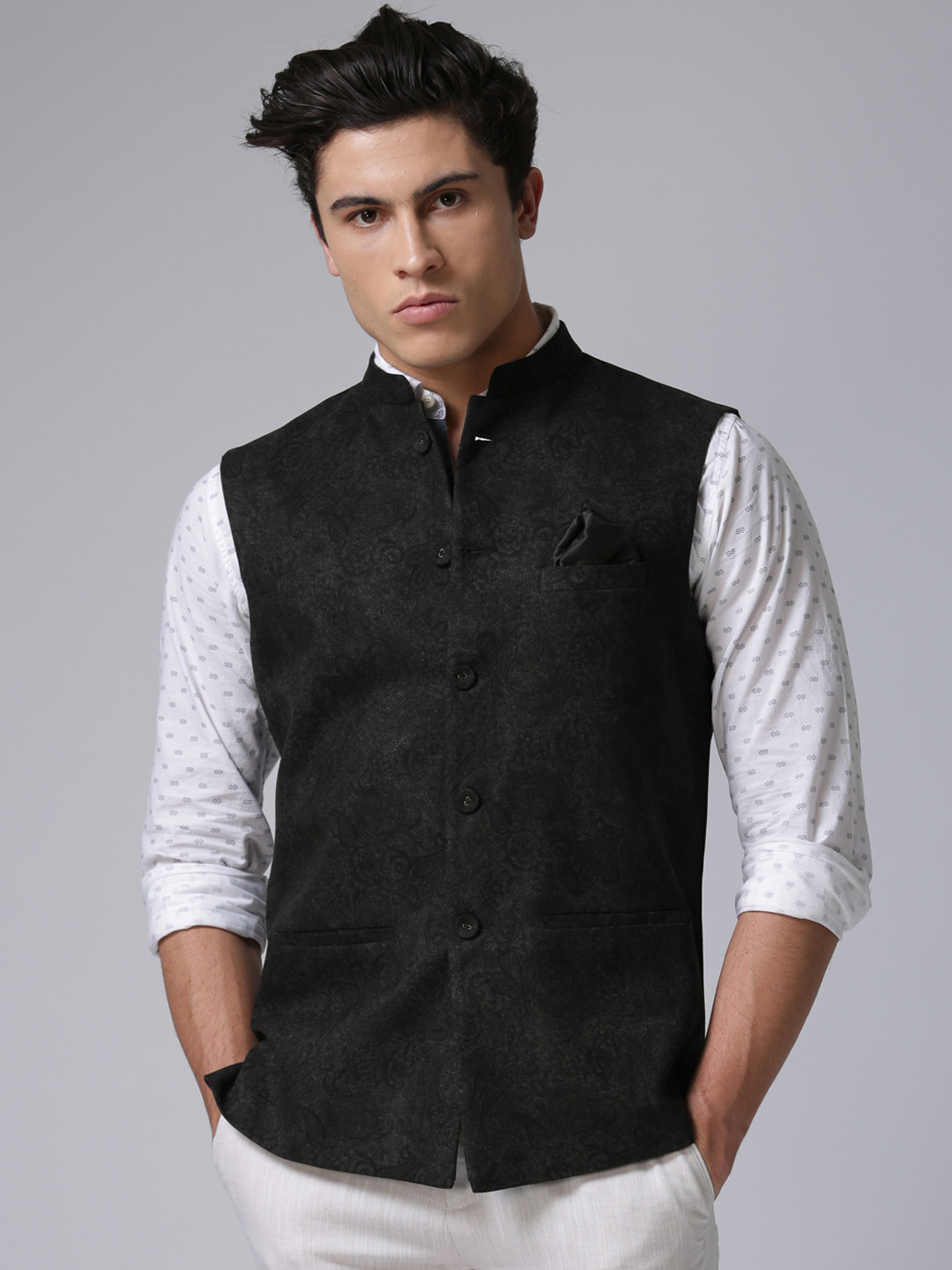 Men'S Charcoal Solid Nehru Jacket