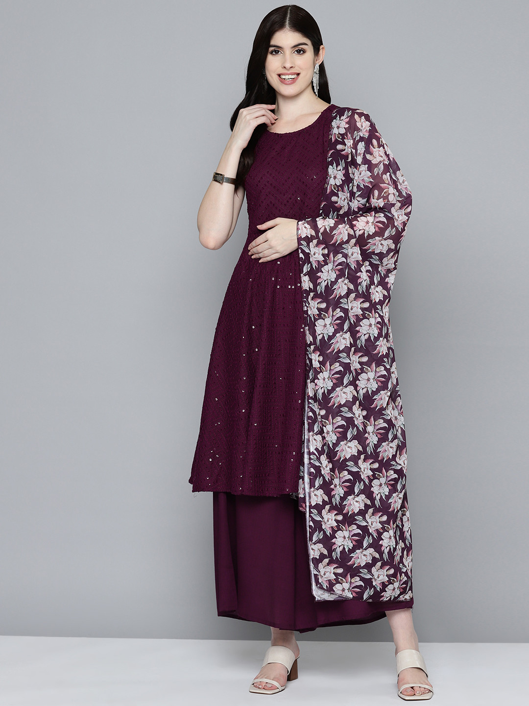 Floral Embroidered Sequinned Kurta With Palazzos & Dupatta main image 1