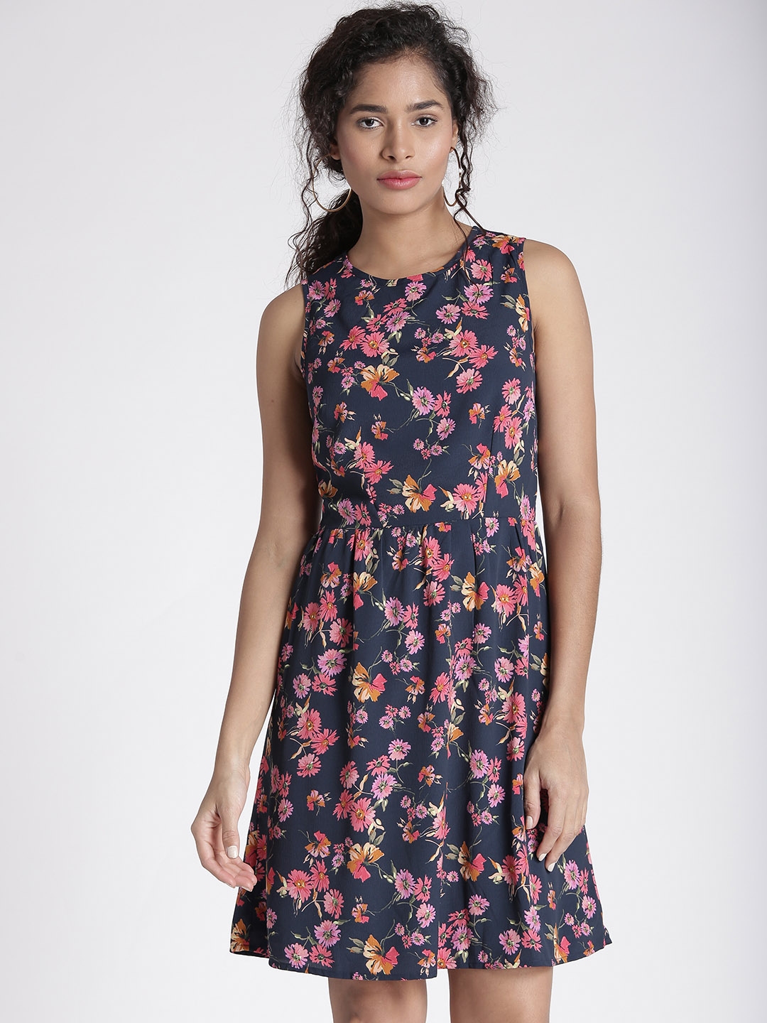 Buy Splash Women Navy Blue & Pink Floral Print Fit & Flare Dress ...