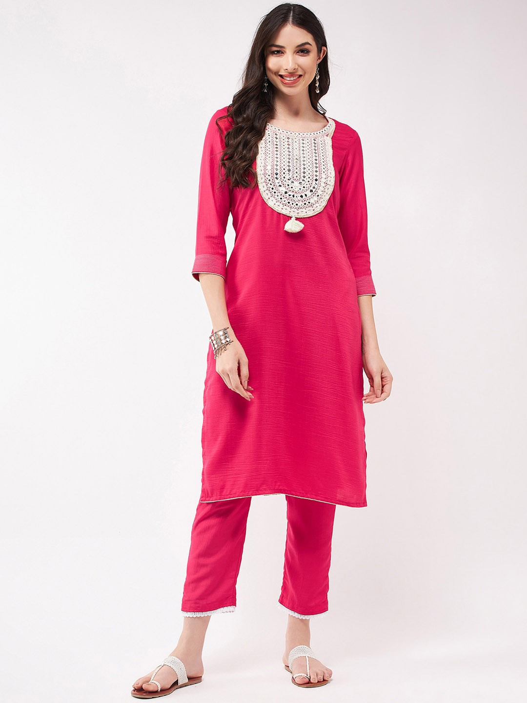Buy Pannkh Yoke Design Mirror Work Three Quarter Sleeves Kurta Kurtas