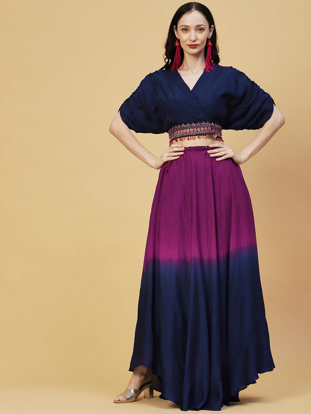 Buy Envy Me By FASHOR Ombre Pleated Beads And Stones Top With Skirt