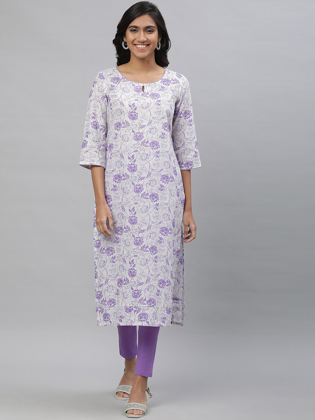 Women Orange & Blue Floral Printed Keyhole Neck Floral Kurta