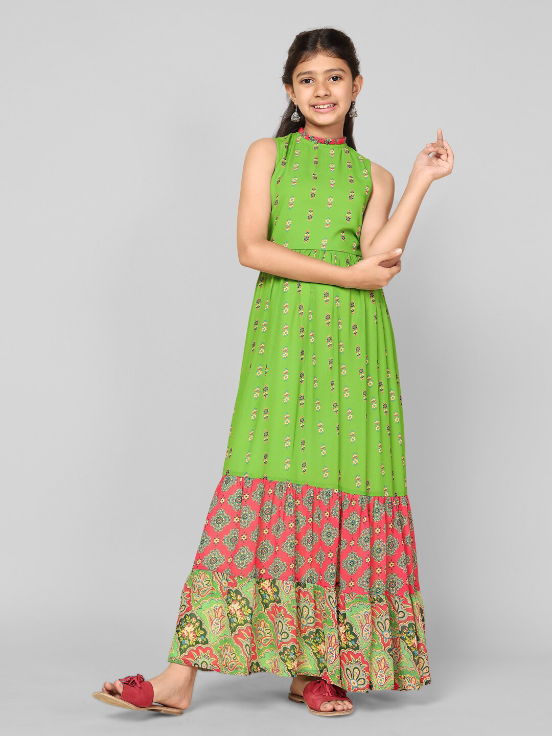 Girls Floral Print Georgette Casual Dress with Flared Sleeves