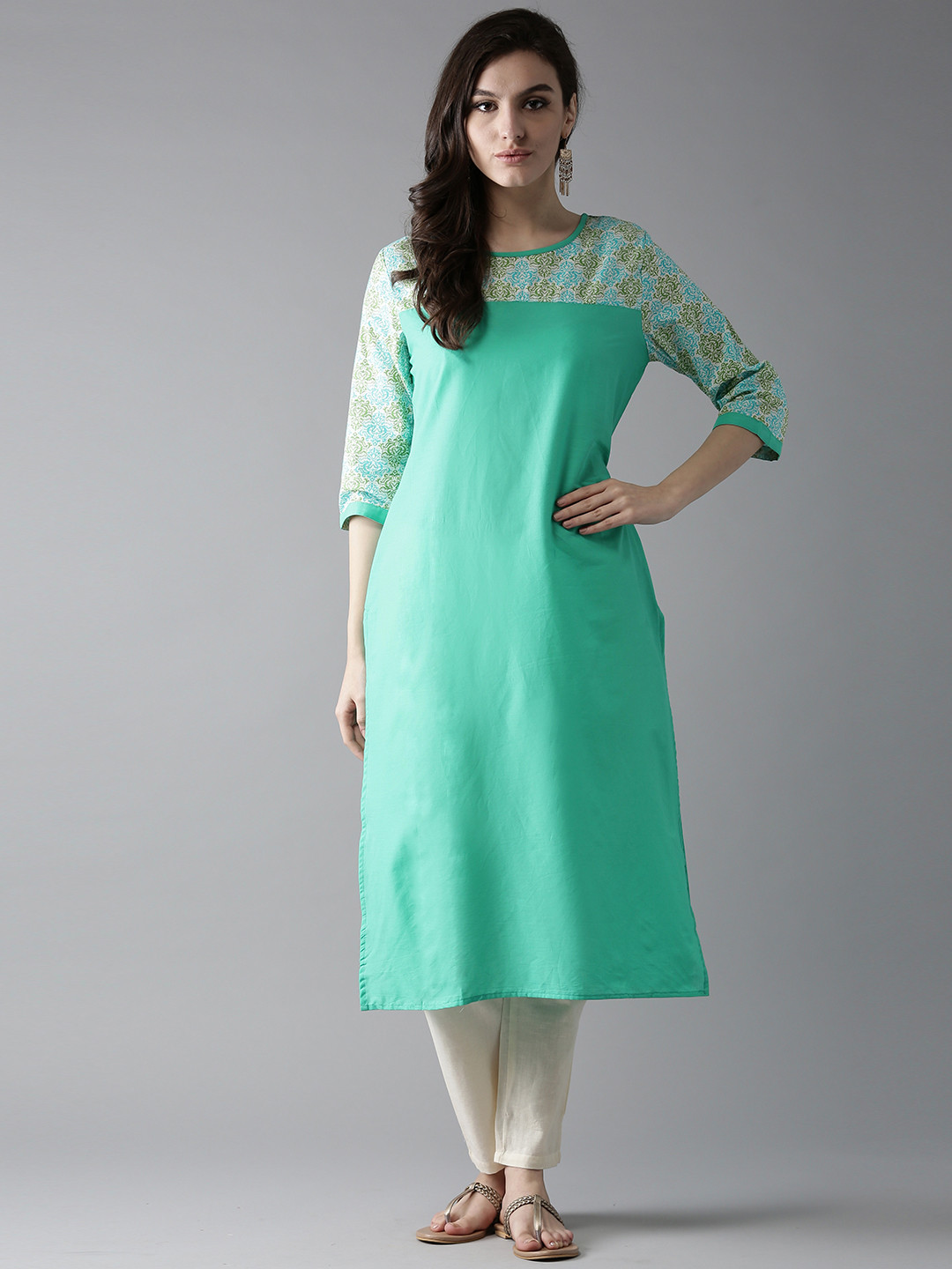 Buy HERE&NOW Women Sea Green Printed Detail Straight Kurta Kurtas for Women 2414232 Myntra