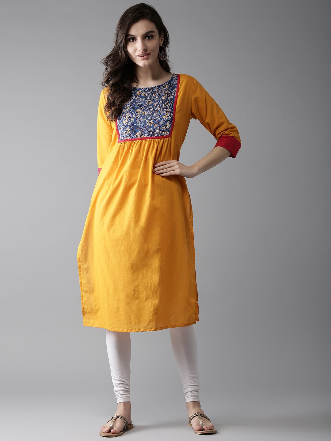 Buy HERE&NOW Women Mustard Yellow Printed Detail Straight Kurta ...