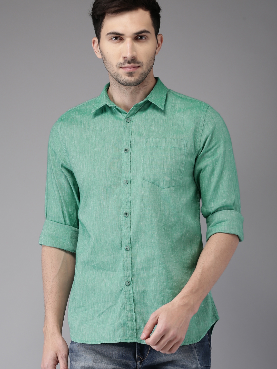 Buy HERE&NOW Men Cotton Linen Green Regular Fit Casual Shirt - Shirts ...