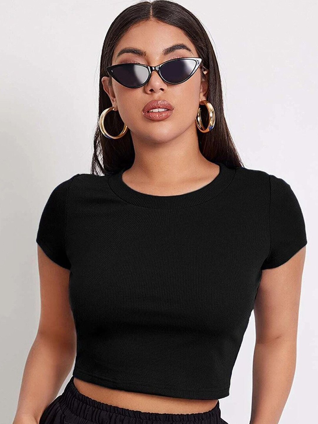 Buy BLACK SCISSOR Round Neck Fitted Crop Top Tops for Women 24148772