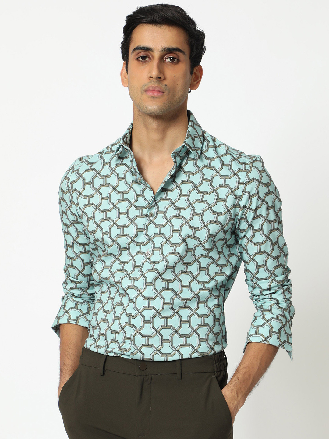 Buy RARE RABBIT Men Rhone Blue Slim Fit Geometric Printed Shirt ...