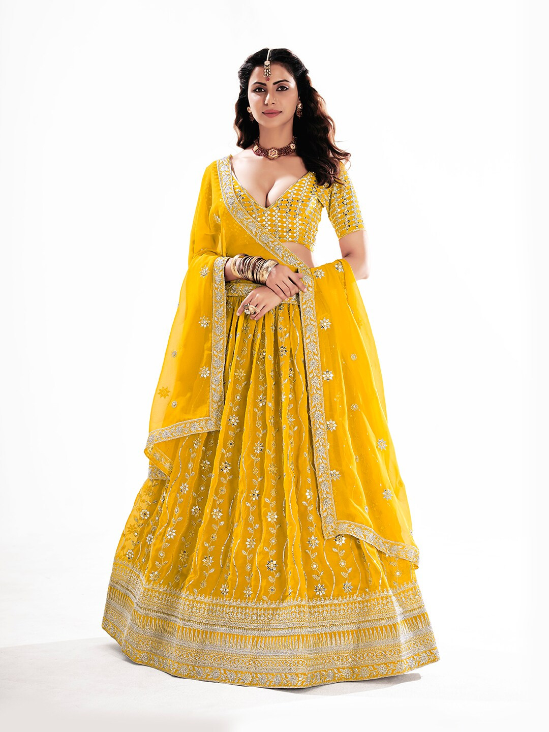 Black & Gold-Toned Sequinned Semi-Stitched Lehenga & Unstitched Blouse With Dupatta