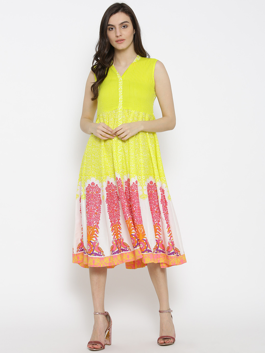 Buy Rangriti Women Lime Green & White Printed Midi Empire Line Dress