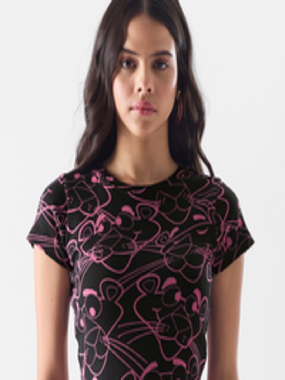 Buy The Souled Store Black & Pink Graphic Pink Panther Printed Cotton ...