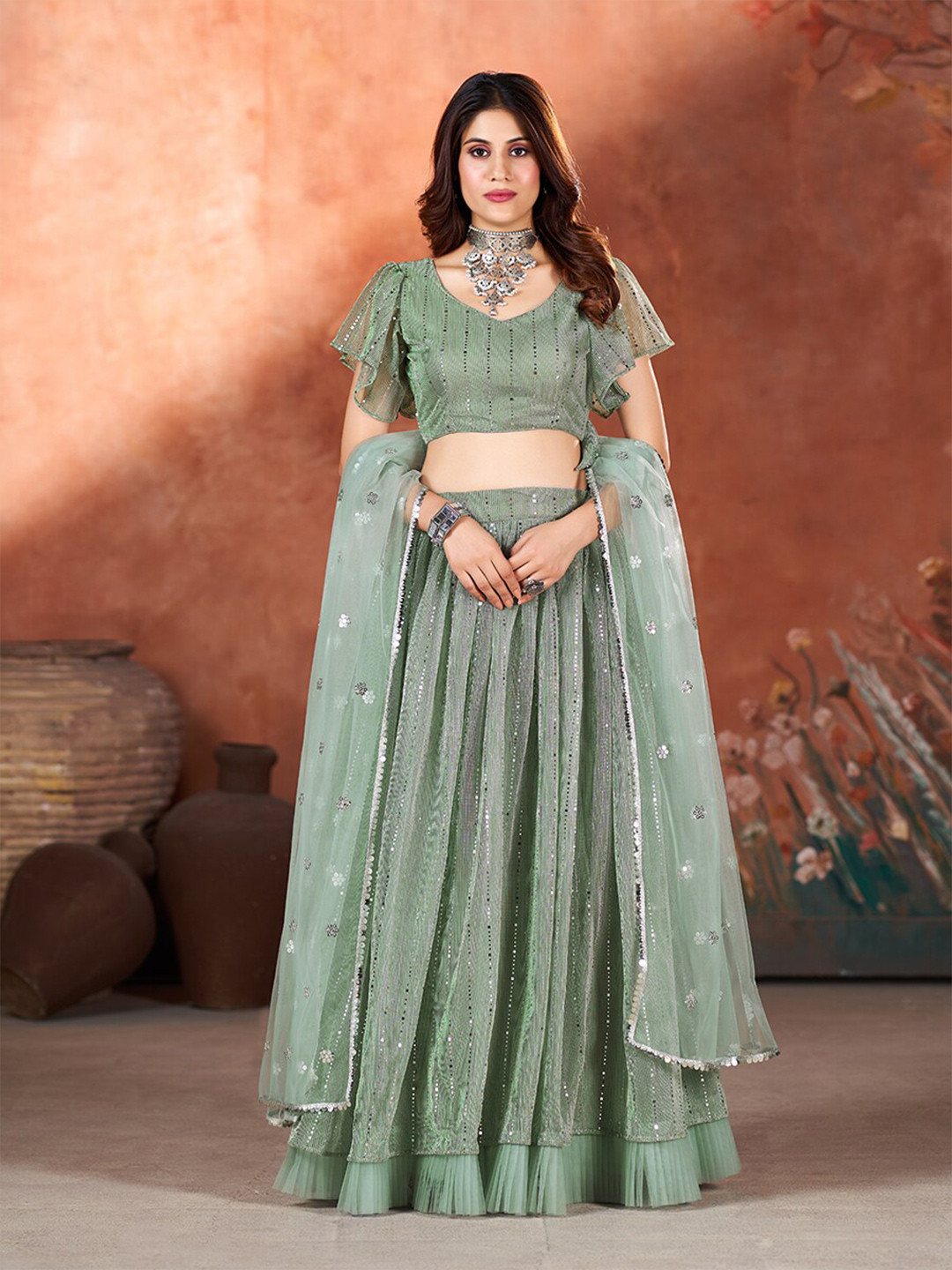 Women Burgundy Embroidered Semi-Stitched Lehenga & Unstitched Blouse With Dupatta